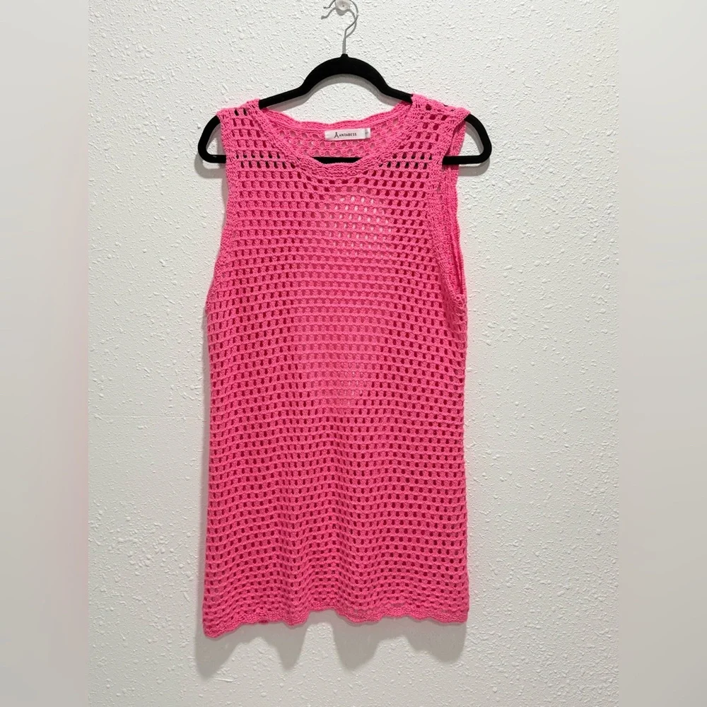 Sleeveless Pink‎ Crochet Swim Cover-Up Tunic S